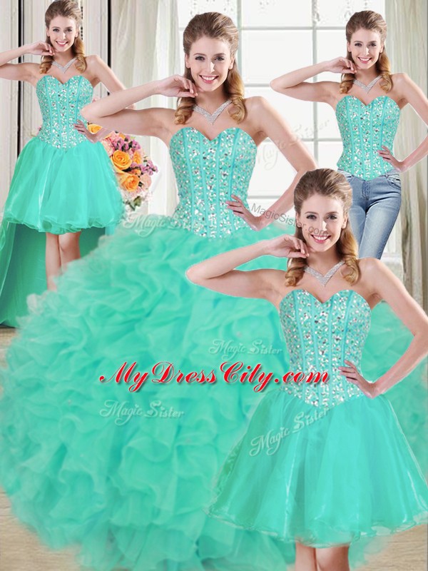 Captivating Sleeveless Brush Train Beading and Ruffled Layers Lace Up Quince Ball Gowns