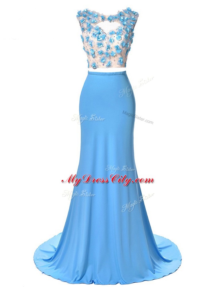 Attractive Blue Sleeveless Chiffon Brush Train Backless for Prom and Military Ball and Sweet 16