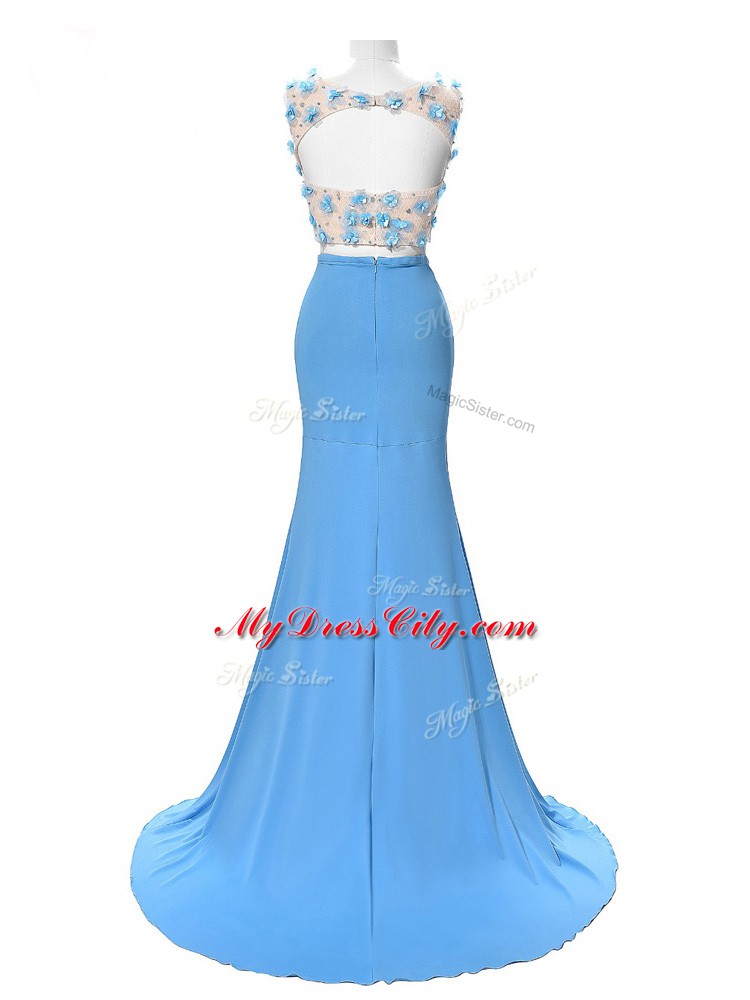 Attractive Blue Sleeveless Chiffon Brush Train Backless for Prom and Military Ball and Sweet 16