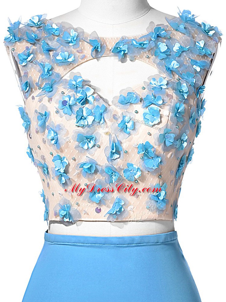 Attractive Blue Sleeveless Chiffon Brush Train Backless for Prom and Military Ball and Sweet 16