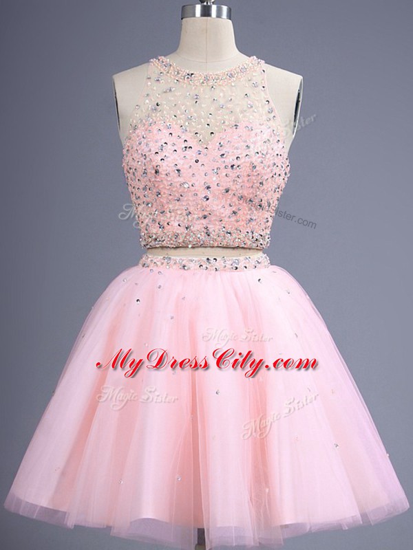 Knee Length Lace Up Dama Dress for Quinceanera Baby Pink for Prom and Party and Wedding Party with Beading