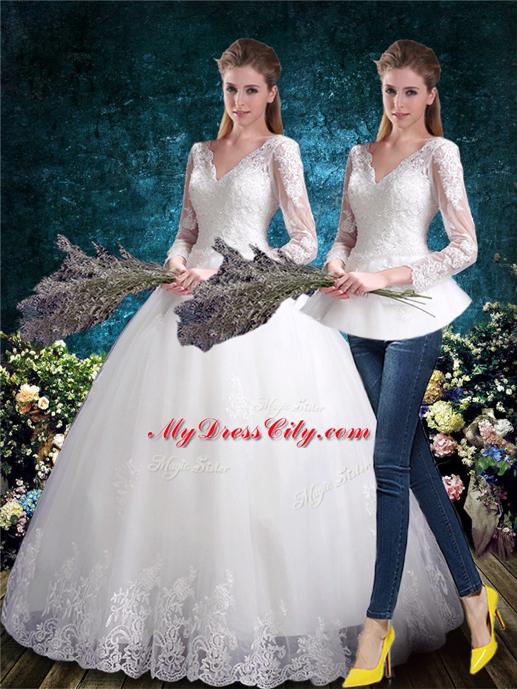 Delicate White Tulle Lace Up V-neck Long Sleeves Floor Length Bridal Gown Beading and Appliques