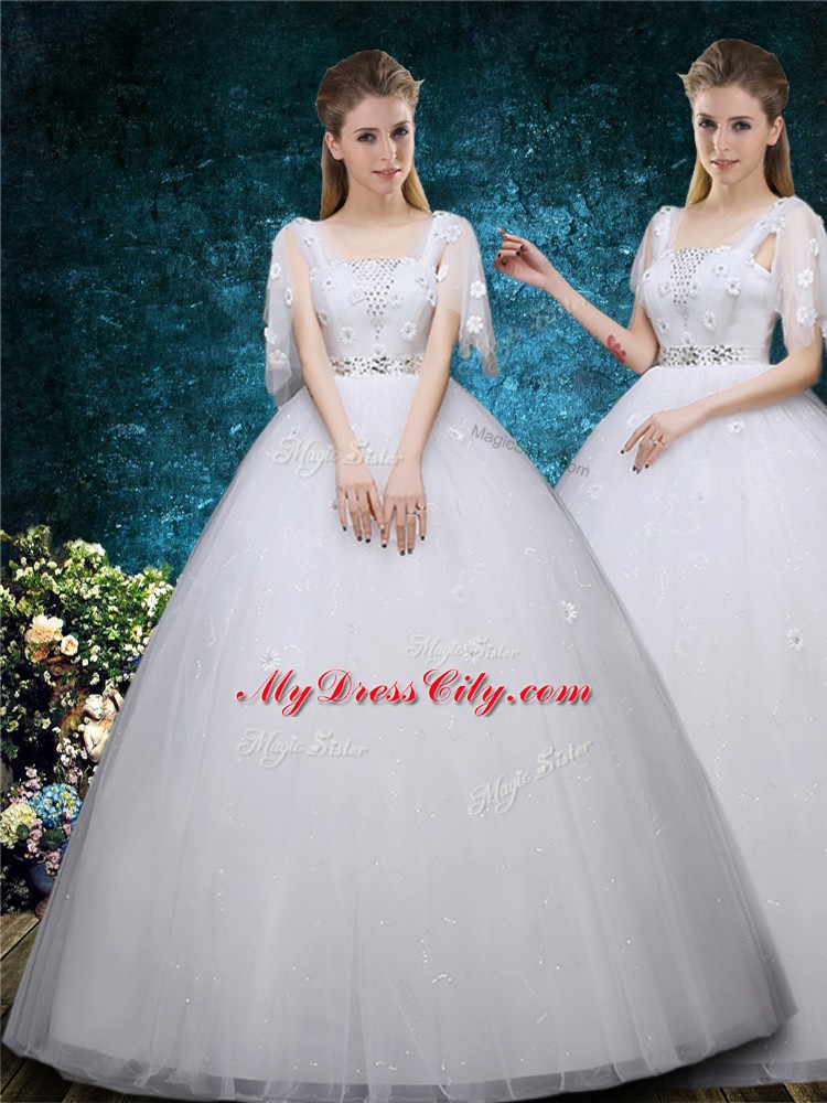 White Wedding Gown Wedding Party with Beading and Appliques Straps Short Sleeves Lace Up