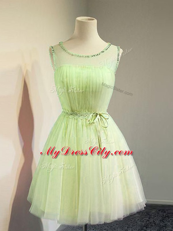 Yellow Green Lace Up Bridesmaid Dress Belt Sleeveless Knee Length