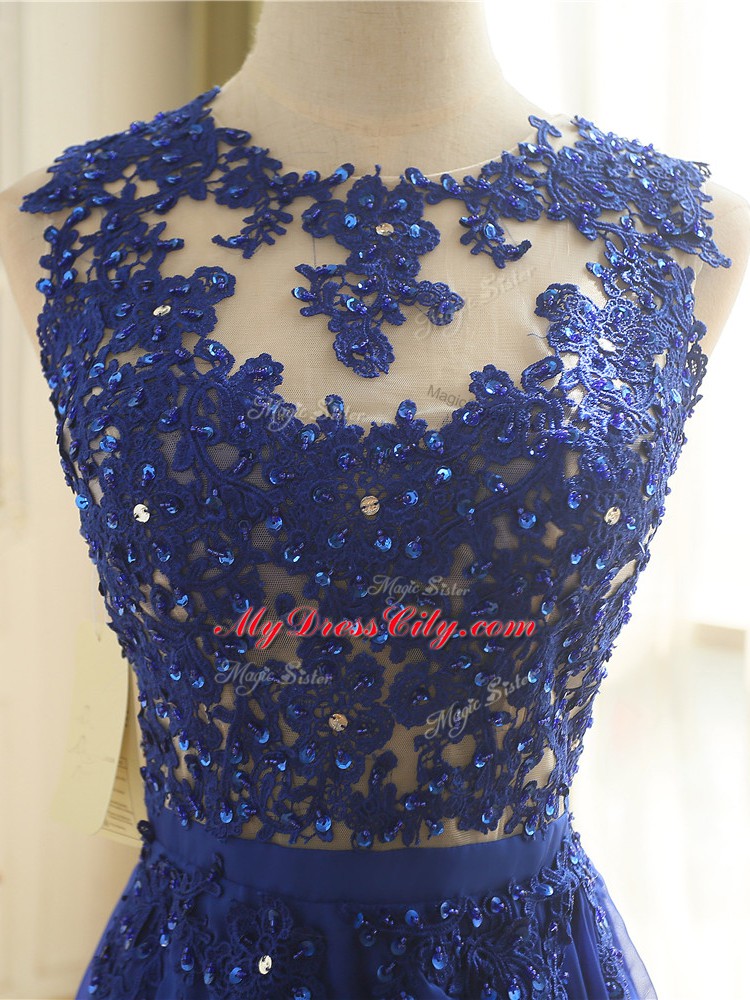 Scoop Sleeveless Dress for Prom Floor Length Appliques Royal Blue Chiffon