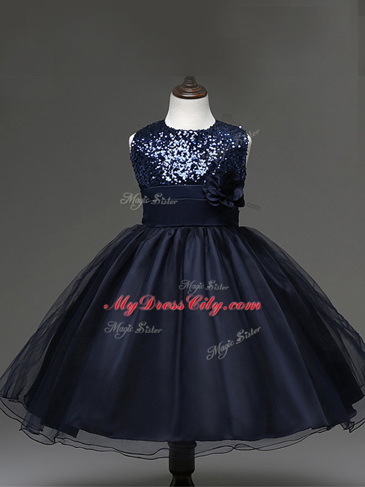 Unique Scoop Sleeveless Zipper Flower Girl Dresses Navy Blue Tulle