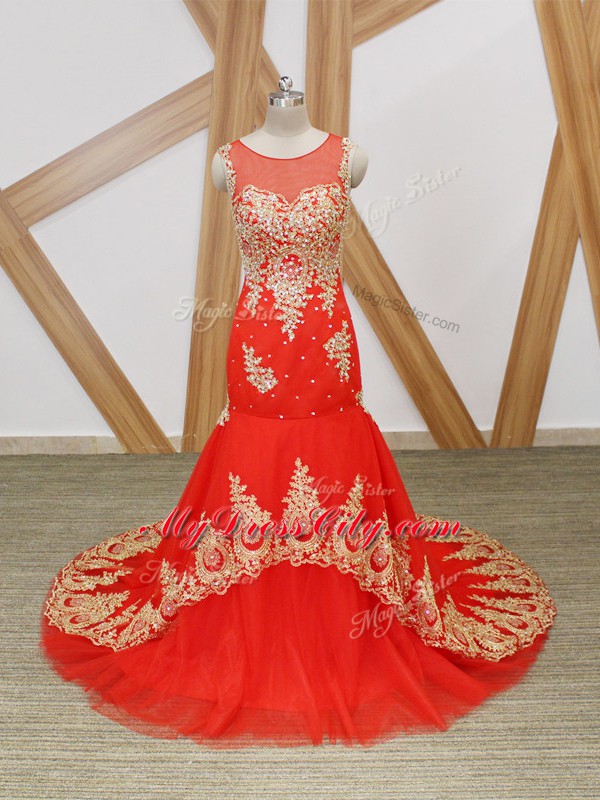 Sexy Sleeveless Beading and Lace and Appliques Zipper Prom Party Dress with Coral Red Brush Train