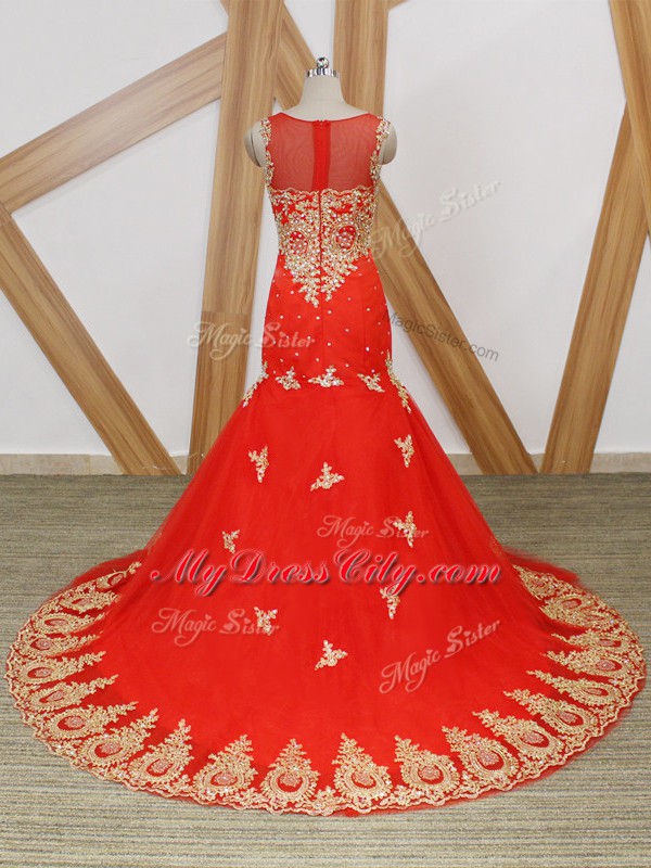 Sexy Sleeveless Beading and Lace and Appliques Zipper Prom Party Dress with Coral Red Brush Train