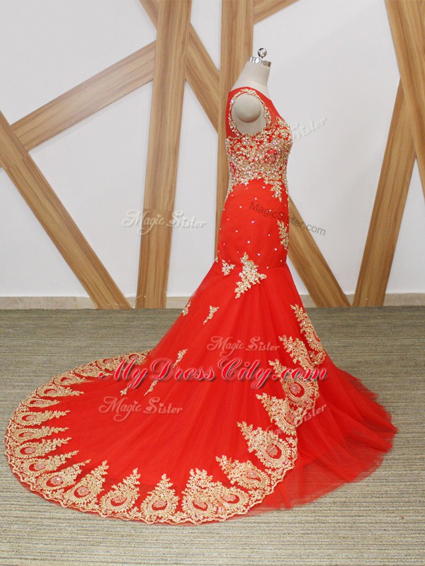 Sexy Sleeveless Beading and Lace and Appliques Zipper Prom Party Dress with Coral Red Brush Train