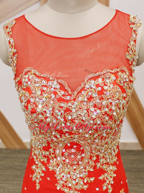 Sexy Sleeveless Beading and Lace and Appliques Zipper Prom Party Dress with Coral Red Brush Train