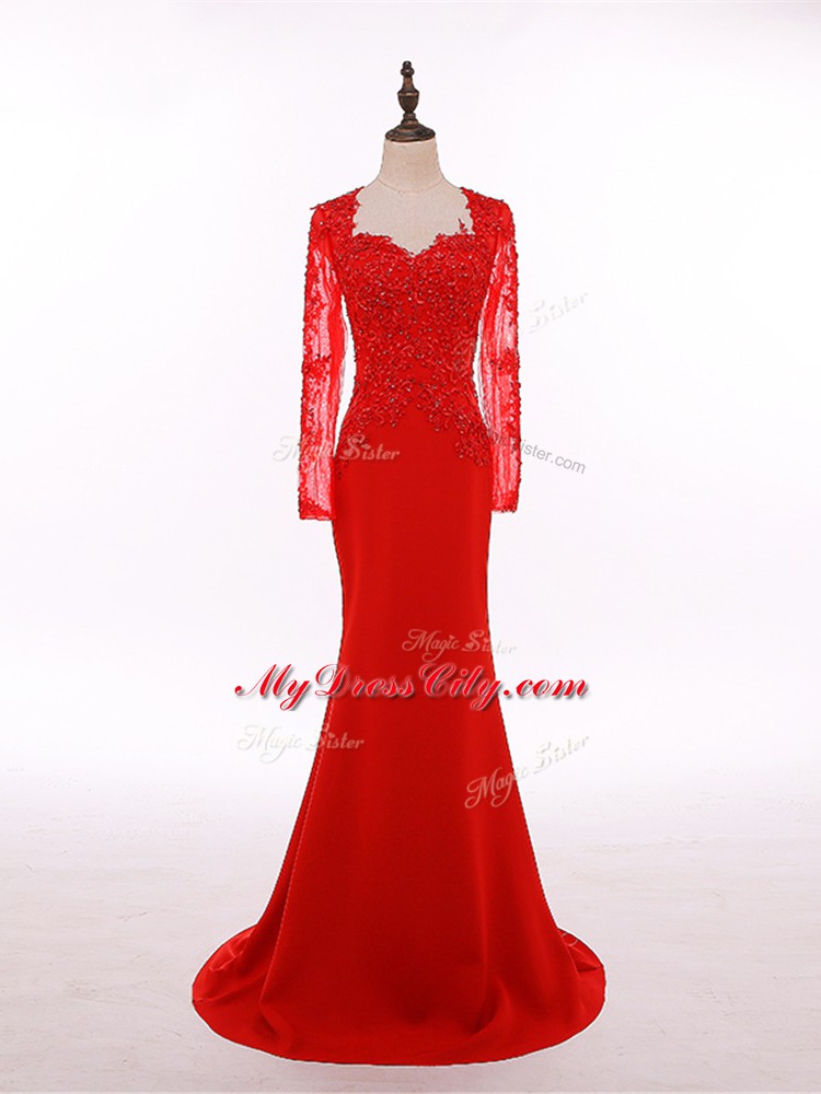 Luxurious Scoop Long Sleeves Mother of the Bride Dress Floor Length Lace and Appliques Red Chiffon