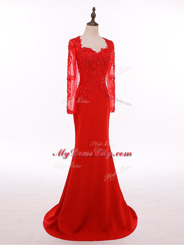 Luxurious Scoop Long Sleeves Mother of the Bride Dress Floor Length Lace and Appliques Red Chiffon