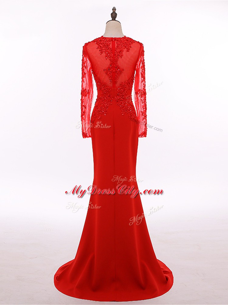 Luxurious Scoop Long Sleeves Mother of the Bride Dress Floor Length Lace and Appliques Red Chiffon