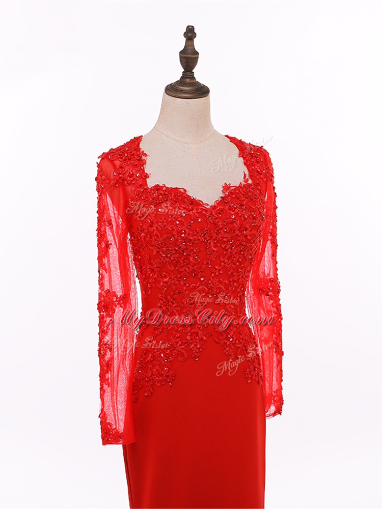 Luxurious Scoop Long Sleeves Mother of the Bride Dress Floor Length Lace and Appliques Red Chiffon