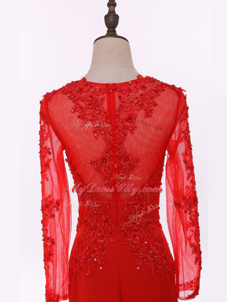 Luxurious Scoop Long Sleeves Mother of the Bride Dress Floor Length Lace and Appliques Red Chiffon