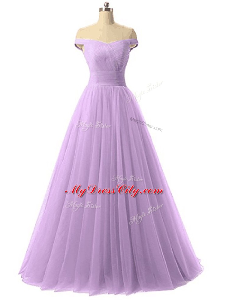 Delicate Ruching Homecoming Gowns Lavender Lace Up Sleeveless Floor Length