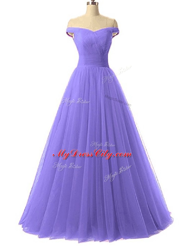 Delicate Ruching Homecoming Gowns Lavender Lace Up Sleeveless Floor Length