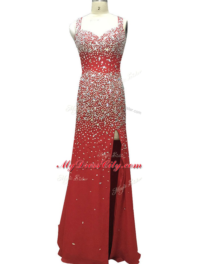 Trendy Sleeveless Brush Train Beading Backless Evening Gowns