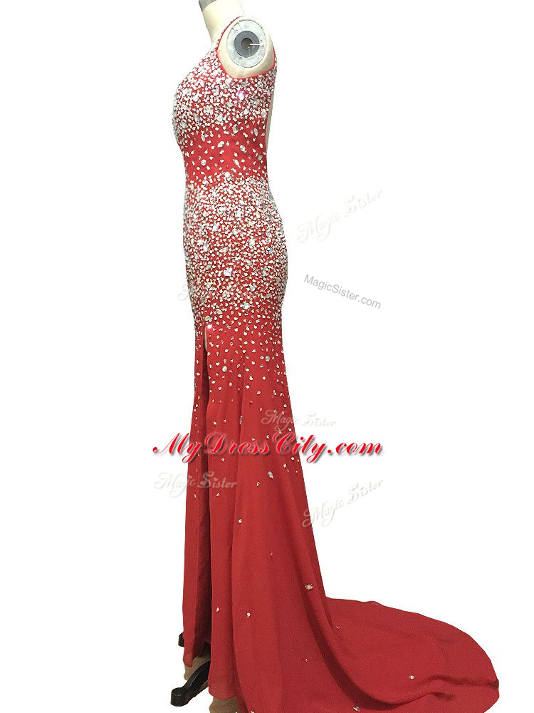 Trendy Sleeveless Brush Train Beading Backless Evening Gowns