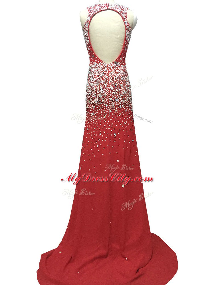 Trendy Sleeveless Brush Train Beading Backless Evening Gowns