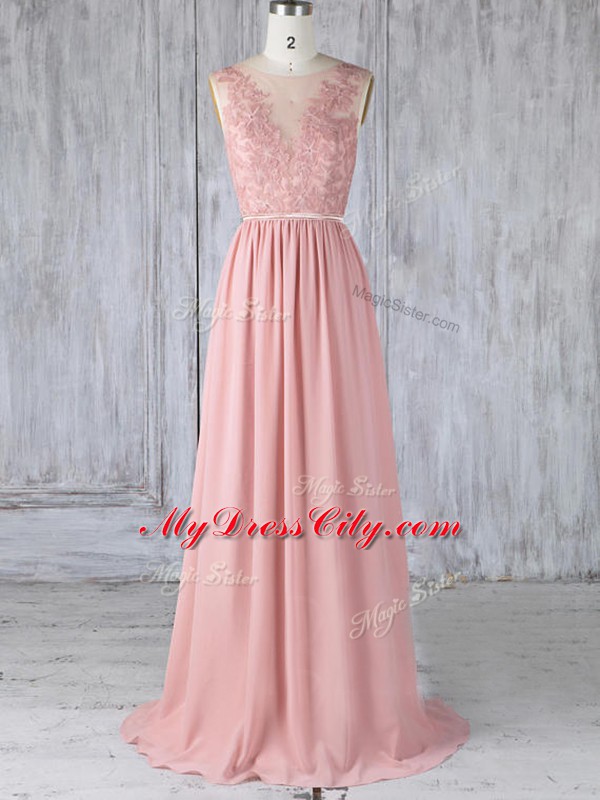 Custom Designed Pink Chiffon Backless Bridesmaid Dresses Sleeveless Sweep Train Appliques