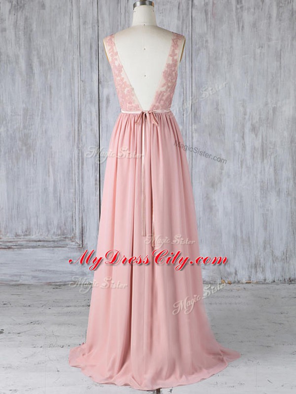 Custom Designed Pink Chiffon Backless Bridesmaid Dresses Sleeveless Sweep Train Appliques