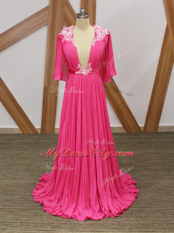 Hot Pink Prom Evening Gown Prom and Party and Beach with Lace and Appliques and Pleated V-neck Half Sleeves Sweep Train Backless