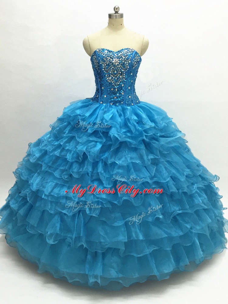 Ball Gowns 15th Birthday Dress Teal Sweetheart Organza Sleeveless Floor Length Lace Up