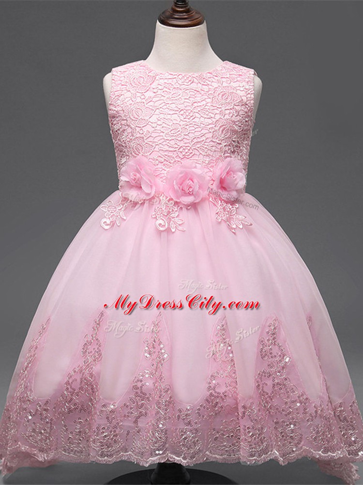 Trendy Baby Pink Ball Gowns Lace and Appliques and Bowknot and Hand Made Flower Casual Dresses Zipper Tulle Sleeveless High Low