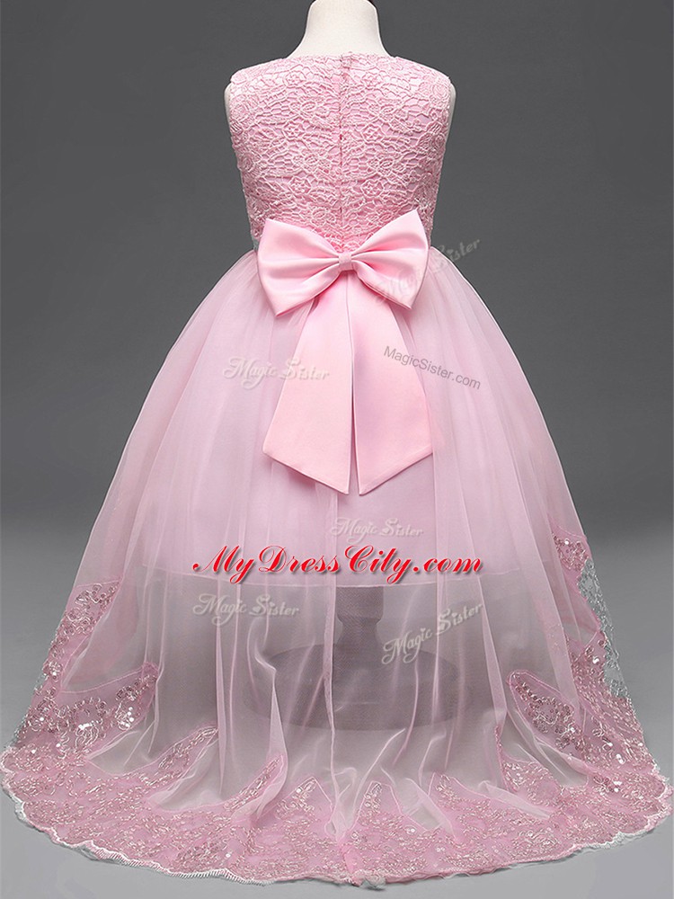 Trendy Baby Pink Ball Gowns Lace and Appliques and Bowknot and Hand Made Flower Casual Dresses Zipper Tulle Sleeveless High Low