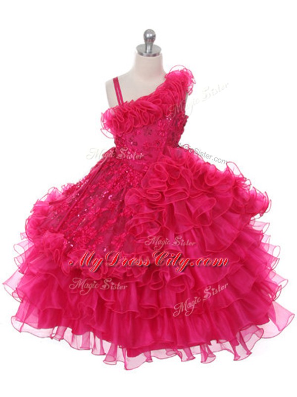 Custom Made Floor Length Hot Pink Little Girl Pageant Dress Organza Sleeveless Lace and Ruffles and Ruffled Layers