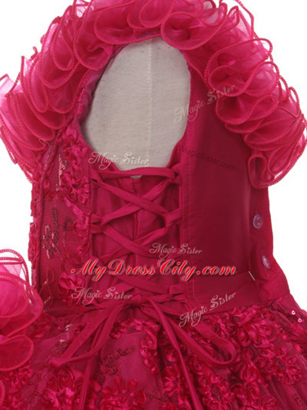 Custom Made Floor Length Hot Pink Little Girl Pageant Dress Organza Sleeveless Lace and Ruffles and Ruffled Layers