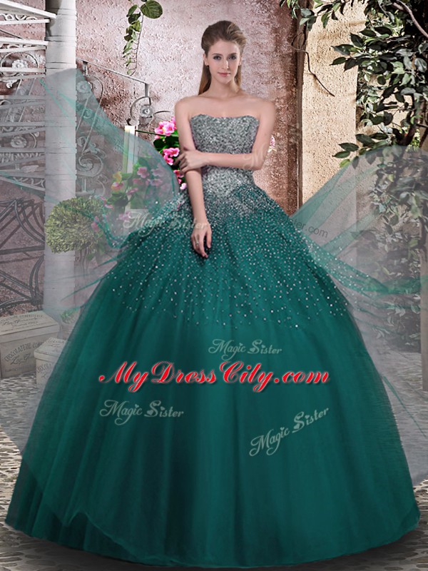 Dark Green 15th Birthday Dress Military Ball and Sweet 16 and Quinceanera with Beading Strapless Sleeveless Lace Up