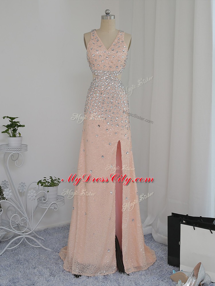 Custom Fit Floor Length Backless Prom Gown Peach for Prom and Party and Wedding Party with Beading