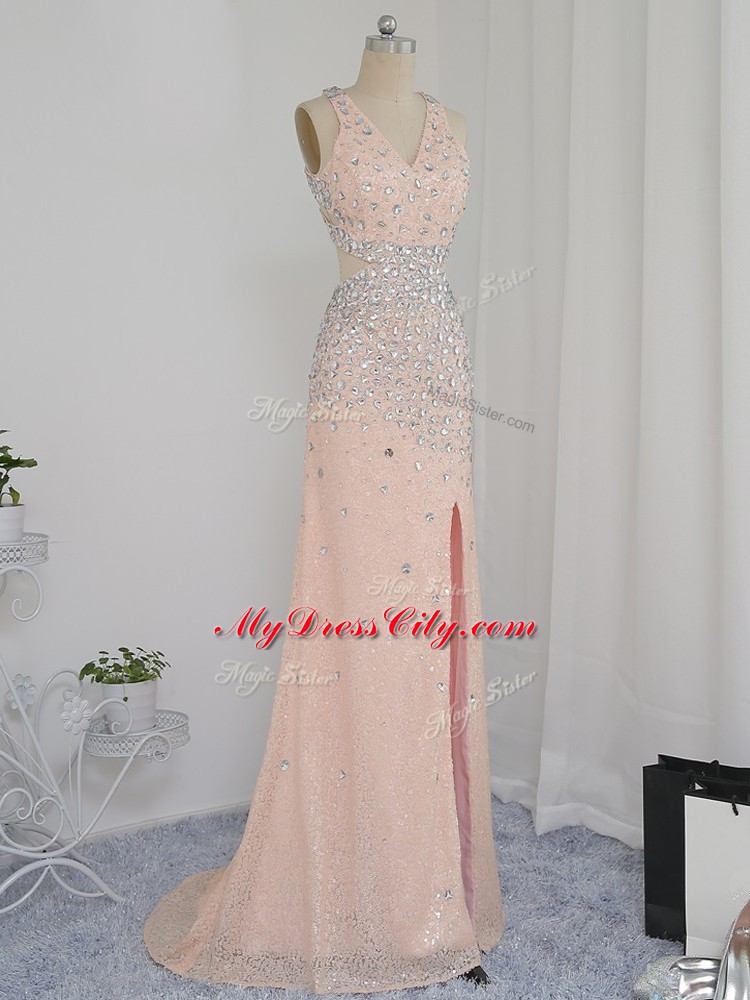 Custom Fit Floor Length Backless Prom Gown Peach for Prom and Party and Wedding Party with Beading