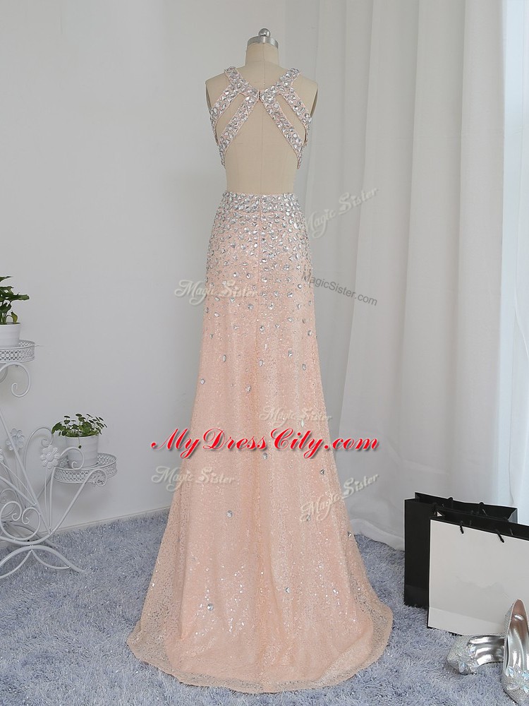 Custom Fit Floor Length Backless Prom Gown Peach for Prom and Party and Wedding Party with Beading