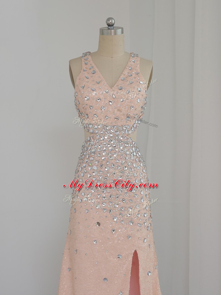 Custom Fit Floor Length Backless Prom Gown Peach for Prom and Party and Wedding Party with Beading