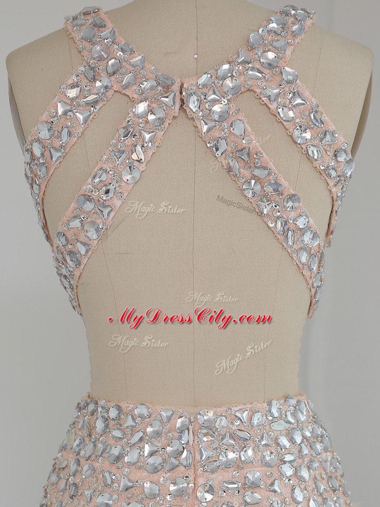 Custom Fit Floor Length Backless Prom Gown Peach for Prom and Party and Wedding Party with Beading