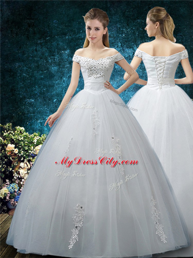 Off The Shoulder Cap Sleeves Lace Up Wedding Dresses White Organza