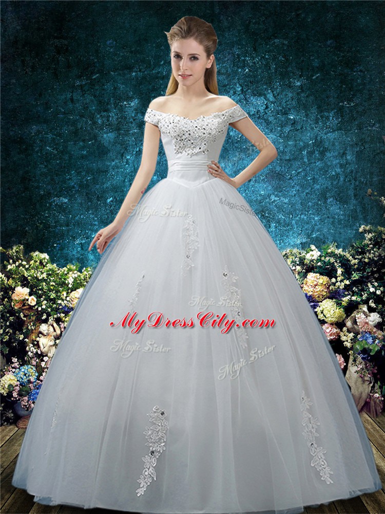 Off The Shoulder Cap Sleeves Lace Up Wedding Dresses White Organza