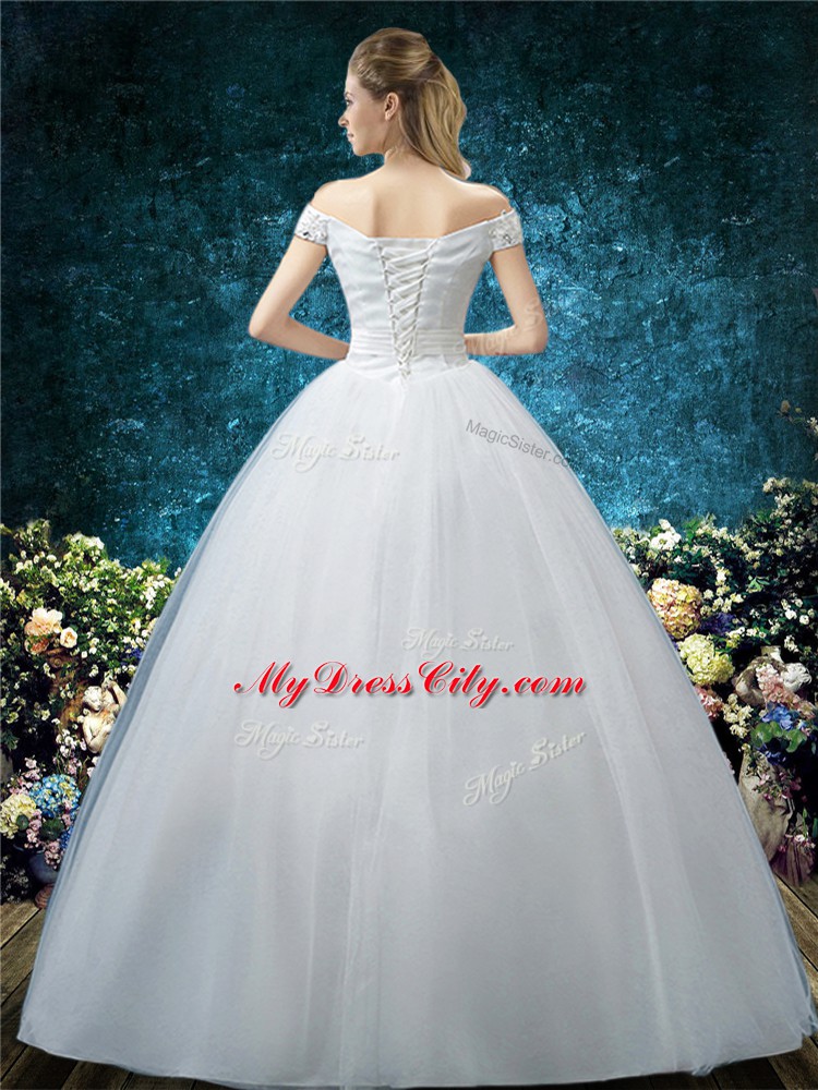 Off The Shoulder Cap Sleeves Lace Up Wedding Dresses White Organza