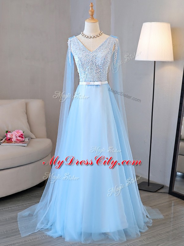 Baby Blue Prom Dress Prom and Party and Sweet 16 with Beading and Belt V-neck Long Sleeves Lace Up