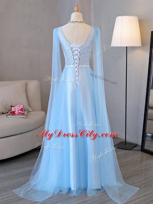 Baby Blue Prom Dress Prom and Party and Sweet 16 with Beading and Belt V-neck Long Sleeves Lace Up