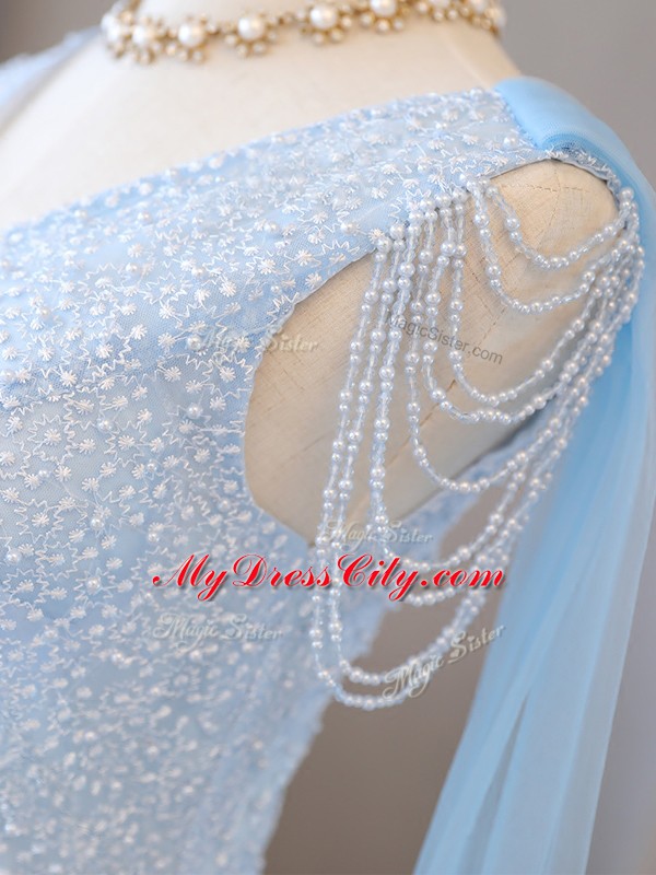 Baby Blue Prom Dress Prom and Party and Sweet 16 with Beading and Belt V-neck Long Sleeves Lace Up