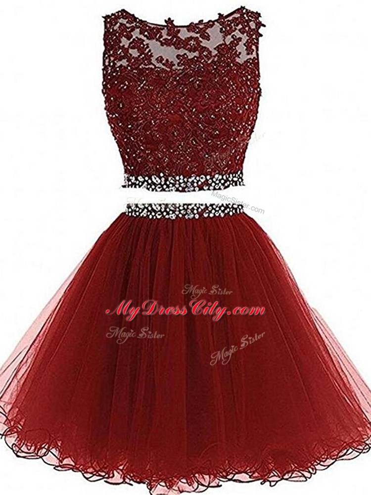 Top Selling Burgundy Tulle Zipper Scoop Sleeveless Mini Length Custom Made Beading and Lace and Appliques