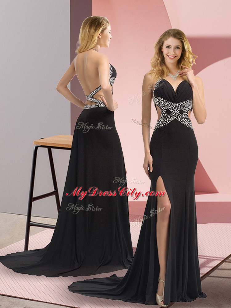 Halter Top Sleeveless Sweep Train Backless Prom Gown Black Chiffon