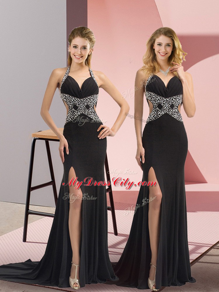 Halter Top Sleeveless Sweep Train Backless Prom Gown Black Chiffon