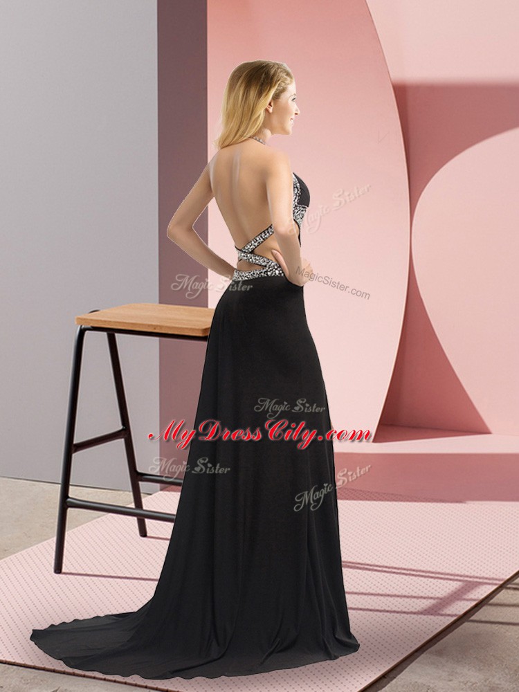 Halter Top Sleeveless Sweep Train Backless Prom Gown Black Chiffon