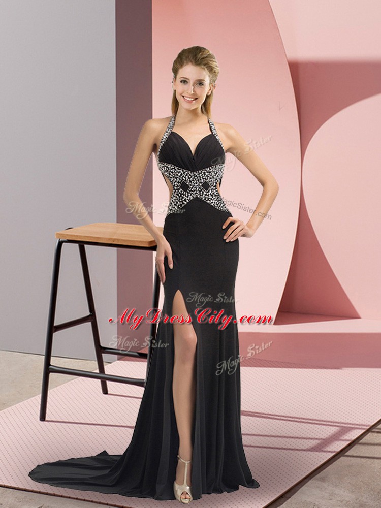 Halter Top Sleeveless Sweep Train Backless Prom Gown Black Chiffon