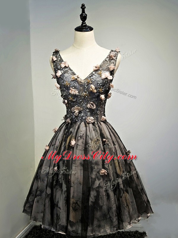 Tulle Sleeveless Mini Length Prom Evening Gown and Hand Made Flower